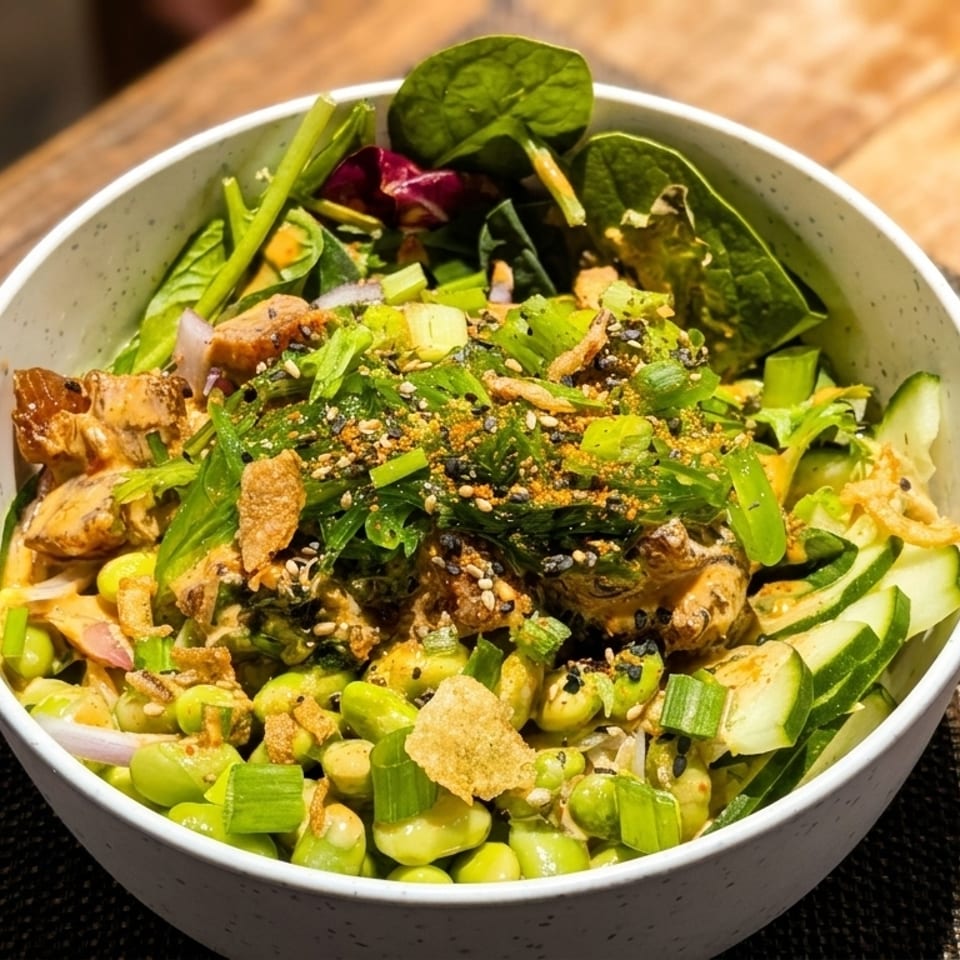 A vibrant poke bowl filled with tuna, edamame, cucumber, seaweed, and green onions.