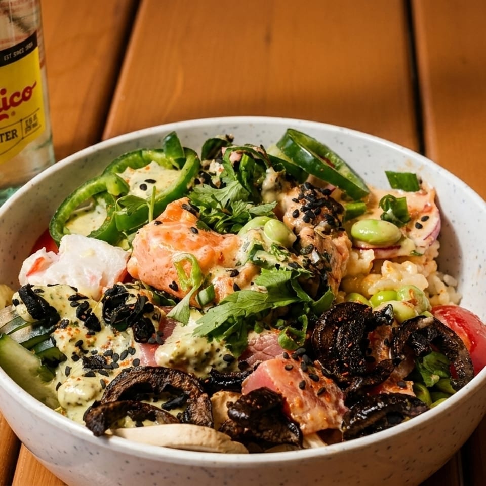 A colorful poke bowl with salmon, tuna, vegetables, and sauce, next to a Topo Chico bottle.