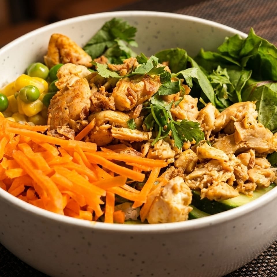 A colorful bowl of chicken, shredded carrots, corn, peas, and green leafy vegetables.